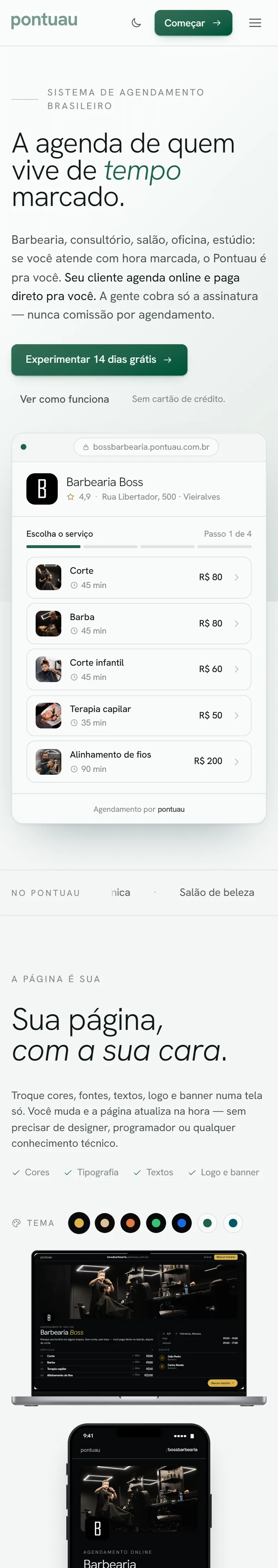 Página do Pontuau: headline sobre agenda ao lado de uma demonstração de marcação de horário em barbearia