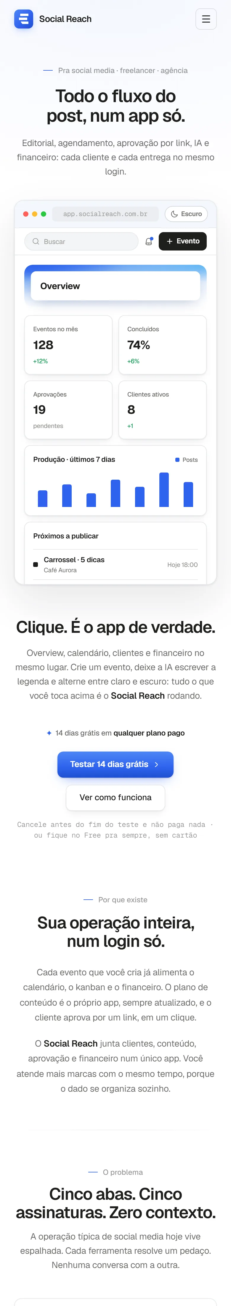 Página do Social Reach: headline sobre fluxo de post acima do painel de clientes do aplicativo
